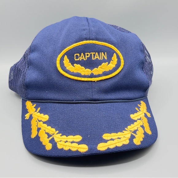 Vintage Blue Captain Hat Snapback Trucker Cap Nautical Boating Pilot Embroidered - Picture 1 of 7
